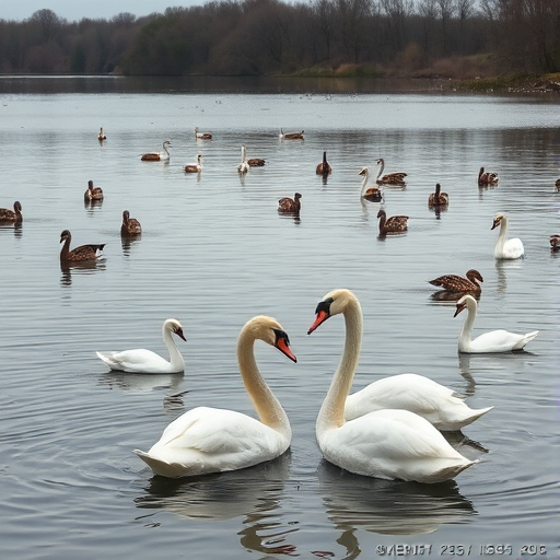 A serene lake scene with swans interacting in the foreground, surrounded by various waterfowl, overcast sky, soft natural lighting, 24mm lens, f/5.6 aperture, ISO 200, shutter speed 1/250 sec, taken with a DSLR camera for high image clarity and detail.
