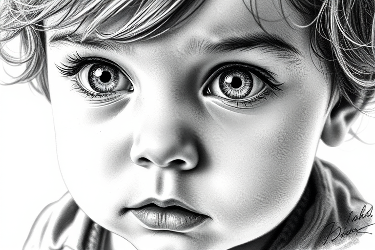 A hyperdetailed photorealistic black and white sketch of a beautiful toddler with deep white eyes, with a macro focus