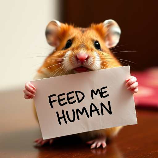 hamster holding a note which says "FEED ME HUMAN"