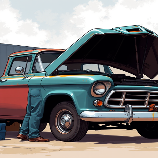 Create a high-resolution illustration of a mechanic working on a vintage pickup truck with the hood raised, camera settings: ISO 100, aperture f/5.6, shutter speed 1/250s, camera view: side profile, camera style: realistic, camera type: digital DSLR.