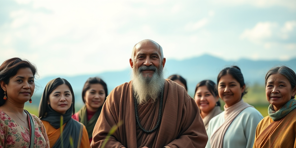 Create a portrait of a spiritual leader surrounded by eight individuals in a serene landscape, use a 50mm lens, aperture f/2.8, soft focus background, medium format camera, natural lighting for enhanced details and colors.