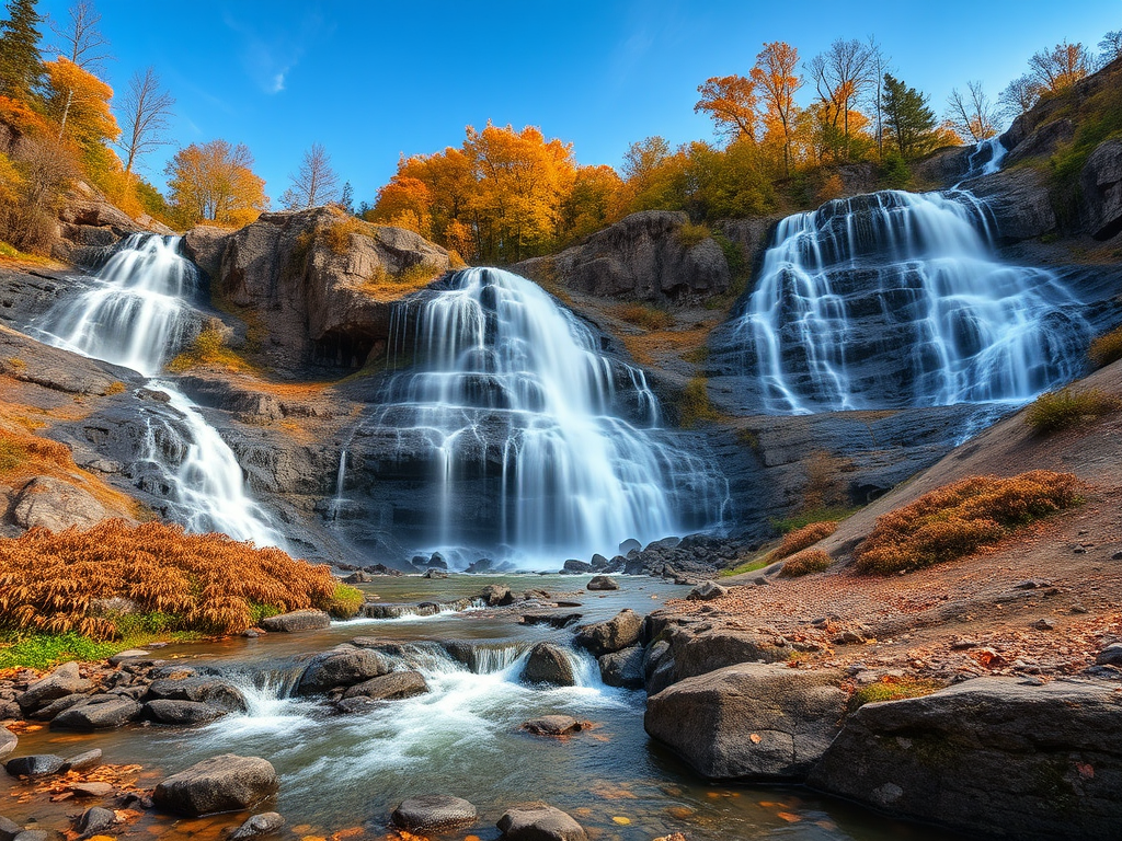 waterfall landscape with cascading waterfalls, rocky terrain, autumn foliage, clear blue sky, ISO 100, f/8 aperture, 1/200 sec shutter speed, wide-angle lens, taken with a DSLR camera