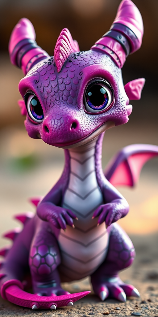 A cute, cartoon-style purple dragon with big expressive eyes and detailed scales, posed playfully, with soft lighting, photorealistic texture, using a Canon EOS 5D Mark IV, 85mm lens, f/1.8 aperture, ISO 100, and a low-angle view for depth enhancement.