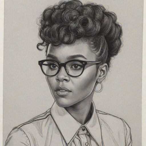 Pleasing Janelle Monae, pencil sketch, portrait of Captivating woman 1976s in glasses, hair style beatnik, outline, clear lines, fine lines, 8k