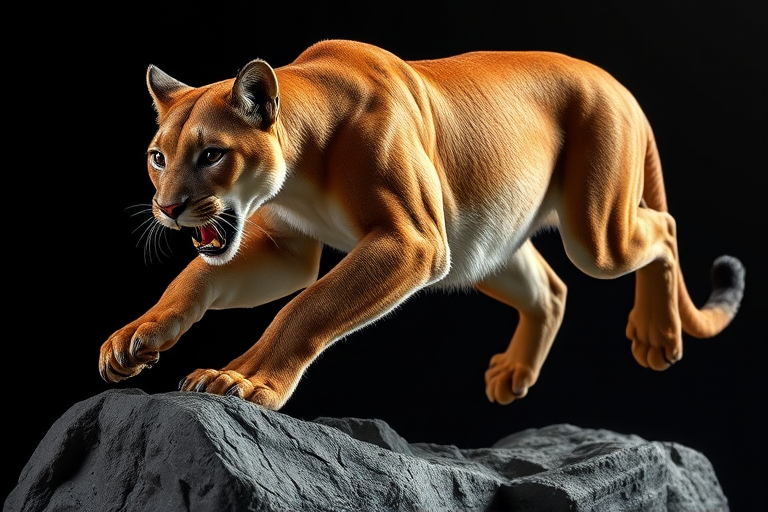 Create a highly detailed 3D render of a mountain lion in mid-pounce, using a Canon EOS 5D Mark IV with a 24-70mm f/2.8 lens, ISO 200, aperture f/5.6, shutter speed 1/500s, with a side view angle and studio lighting for dramatic effect to enhance texture and depth.