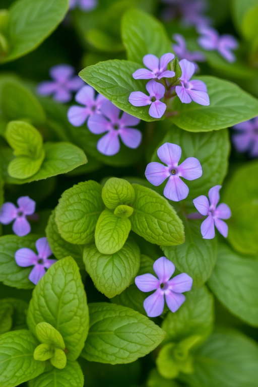 close-up of mint leaves with purple flowers, shallow depth of field, 50mm lens, f/2.8, ISO 100, natural light, DSLR camera, soft focus background