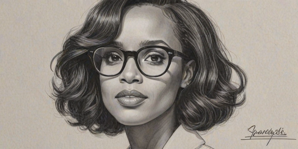 Bewitching Kerry Washington, pencil sketch, portrait of Splendid woman 1978s in glasses, hair style beatnik, outline, clear lines, fine lines, 8k