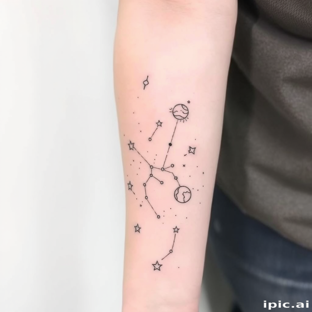 Delicate fine line body tattoo of constellation patterns and celestial bodies scattered across the forearm, created with thin black lines and subtle white ink highlights