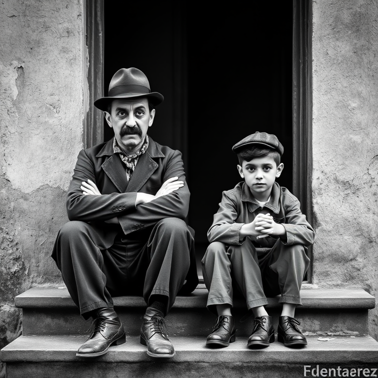 A black-and-white photograph of a man and a child sitting on steps in front of a doorway. The man is dressed as a tramp with a bowler hat, mustache, and ragged clothes, reminiscent of Charlie Chaplin's iconic look. He is sitting with his arms crossed and an expression of slight sadness or frustration. Next to him is a young boy, also in worn clothes and a cap, sitting with his hands clasped, looking thoughtful. The background is an old, textured wall and a partially open door, creating a vintage, early 20th-century atmosphere.