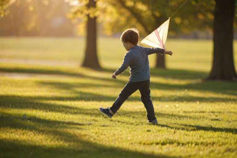 Blurry action shot of a young boy chasing after a kite on a windy day in the park, soft golden light from the setting sun casting long shadows on the grass.