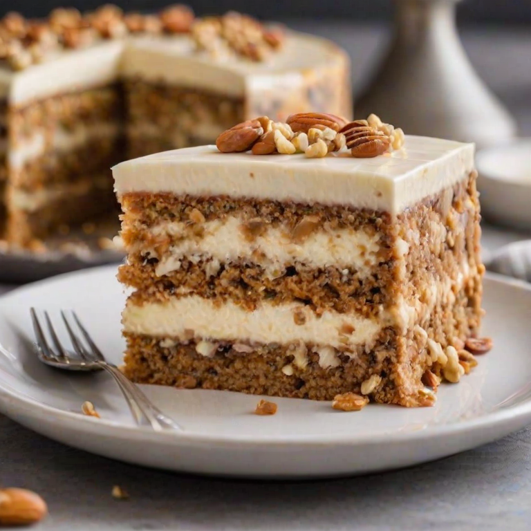 Generate an image of a slice of layered cake with a creamy frosting on top. The cake features a marbled pattern of carrot cake and cheesecake. It is garnished with chopped nuts and served on a white plate. The background is softly blurred, emphasizing the cake slice.