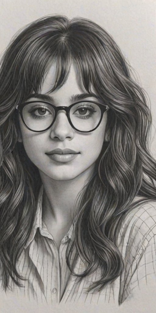 Delightful Camila Cabello, pencil sketch, portrait of Dazzling woman 1936s in glasses, hair style beatnik, outline, clear lines, fine lines, 8k