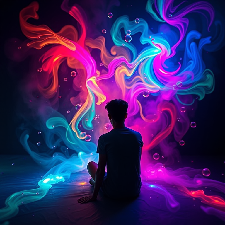 Create an ethereal scene of a person sitting in a dark room surrounded by vibrant, swirling colors and floating bubbles, captured with a Canon EOS R5, 50mm lens, f/1.8 aperture, ISO 100, 1/125s exposure, using a shallow depth of field to emphasize the vivid colors and dreamlike atmosphere.