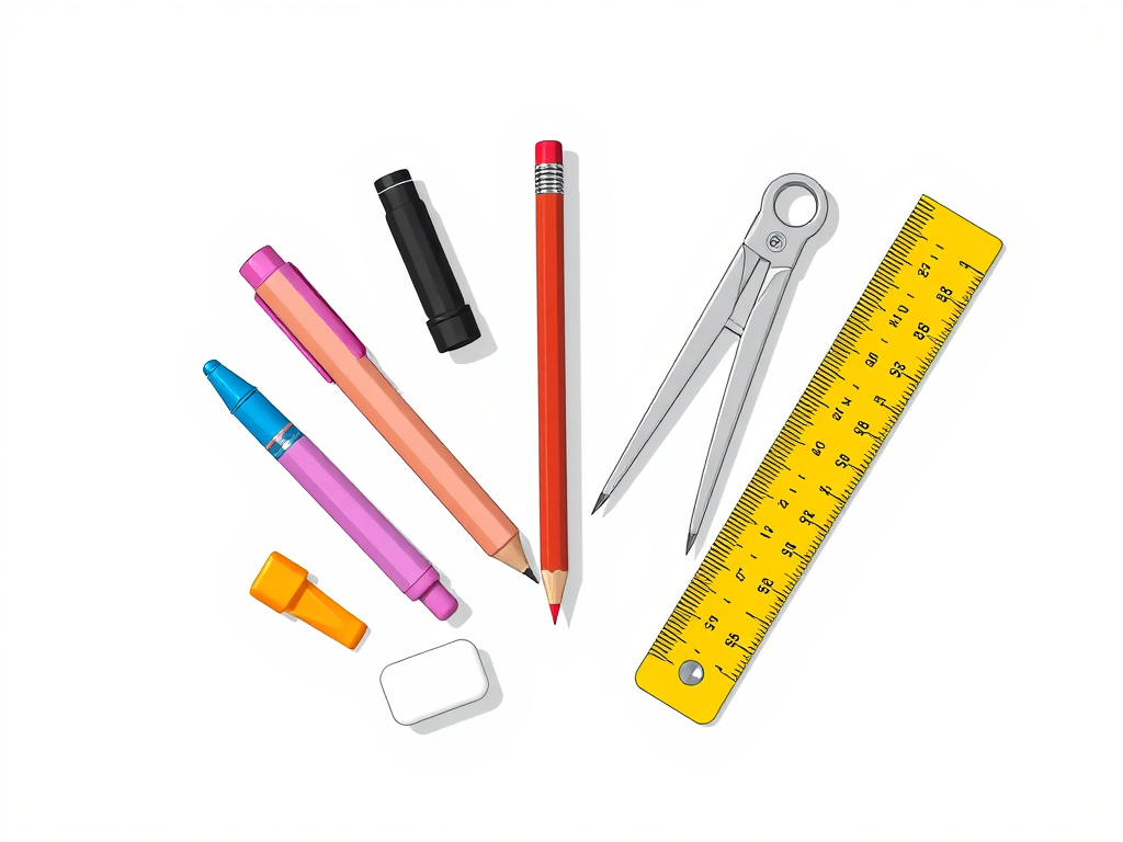 Create a high-quality illustration of a pencil, pink highlighter, sharpener, compass, eraser, and ruler arranged artistically on a plain background, using a DSLR camera with a 50mm lens, f/2.8 aperture, and 300 dpi resolution for sharp detail.