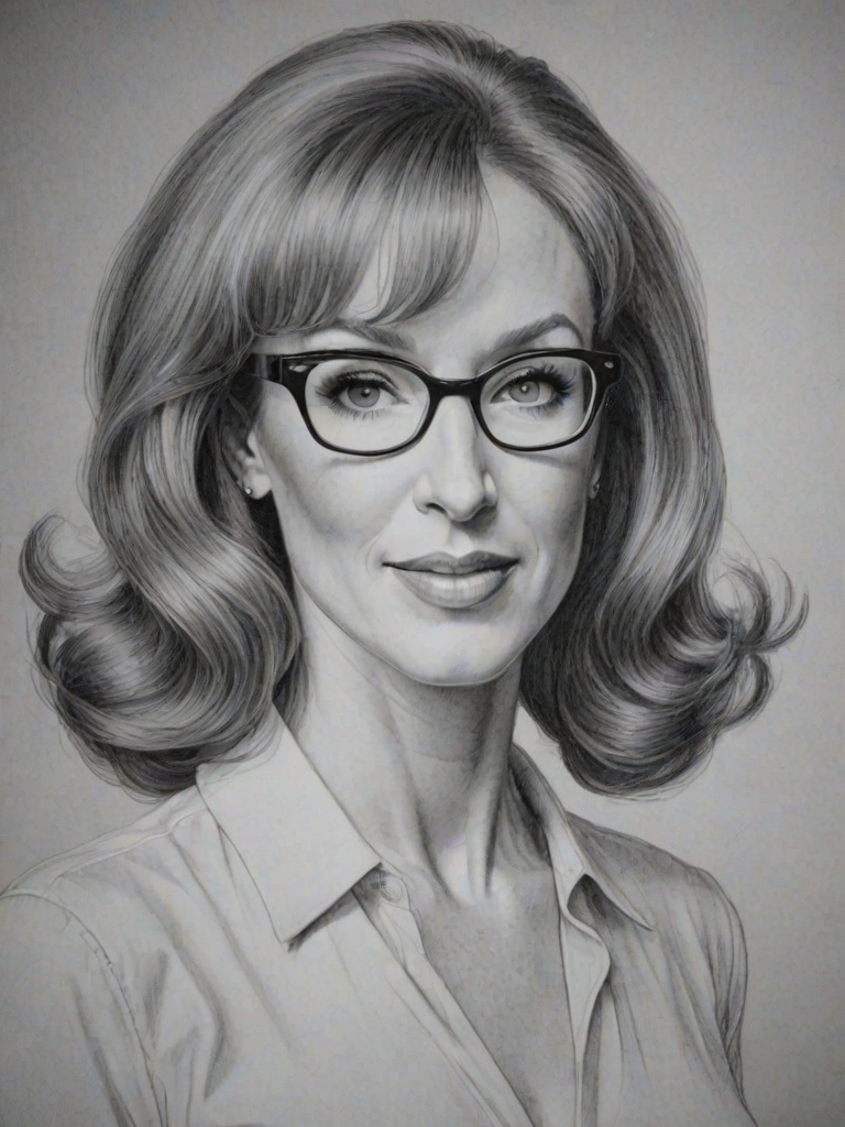 Appealing Kathy Griffin, pencil sketch, portrait of Gorgeous woman 1954s in glasses, hair style beatnik, outline, clear lines, fine lines, 8k