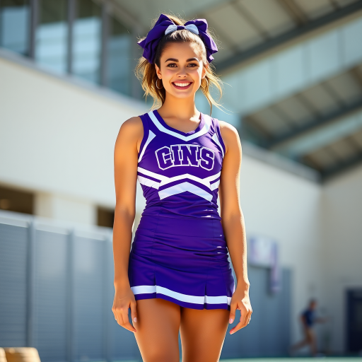 Generate an image of a female cheerleader in a purple and white outfit standing confidently, shot with a Canon EOS 5D Mark IV, 50mm lens, f/1.8 aperture, ISO 200, in bright natural lighting, with a slightly elevated angle for dynamic perspective.