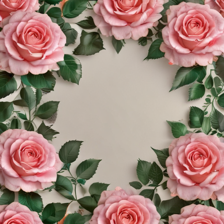 Elegant Floral Frame Featuring Beautiful Pink Roses and Lush Green Leaves