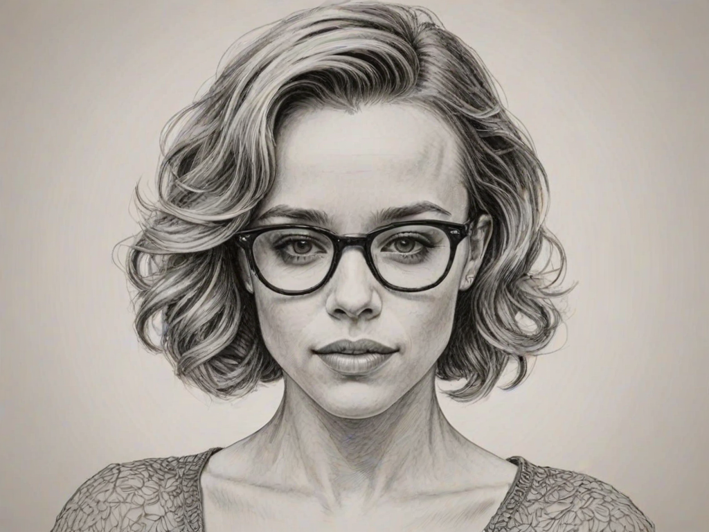Sublime Rachel McAdams, pencil sketch, portrait of Comely woman 1944s in glasses, hair style beatnik, outline, clear lines, fine lines, 8k