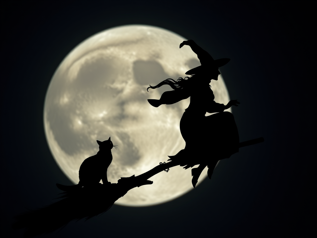 capture a silhouette of a witch flying on a broomstick with a cat against a full moon background, shot with a Canon EOS 5D Mark IV, 100mm lens, f/4 aperture, ISO 200, focus on moon details, night photography style
