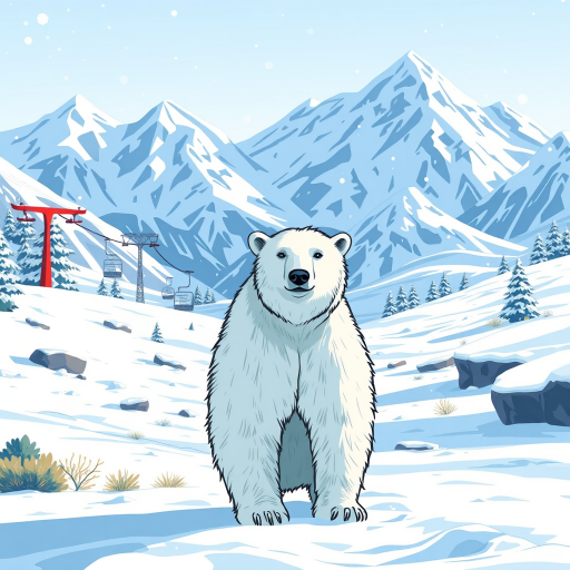 Create an illustration of a polar bear standing in a snowy landscape with mountains in the background, featuring ski lifts and a subtle snowfall, use a digital drawing style with vibrant colors, set at a resolution of 300 dpi, using a wide-angle lens at f/8 for depth of field and high contrast to enhance clarity and detail.