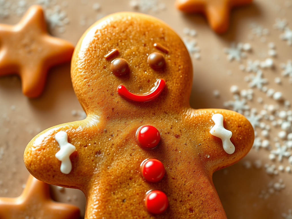 Create a high-resolution image of a gingerbread man with a glossy finish, using a DSLR camera with a 50mm lens, aperture set to f/2.8, ISO 100, shot from a slight top-down angle with soft natural lighting to enhance texture and color vibrancy.