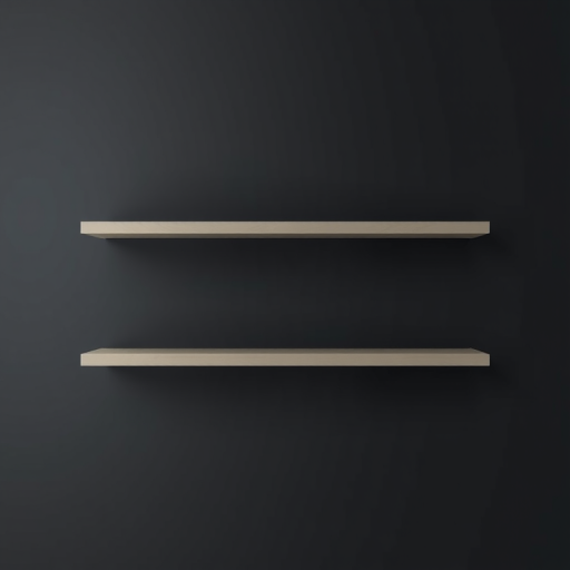 Create a high-resolution image of three horizontal shelves with a sleek black background, using a DSLR camera, aperture f/2.8, shutter speed 1/60s, ISO 200, shot from a straight-on angle with a soft focus to highlight the shelves' details and gold accents.