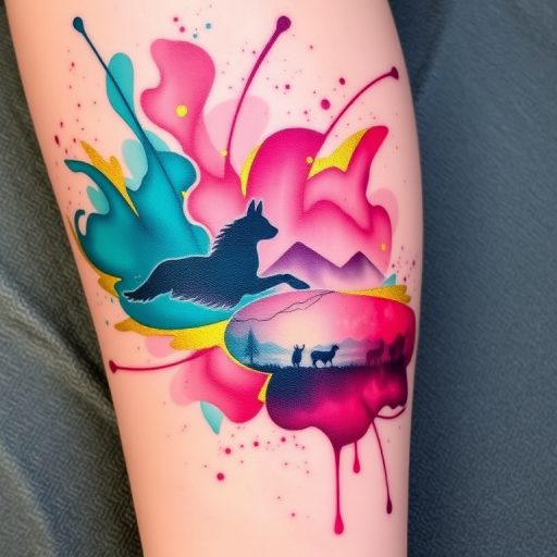 Vibrant watercolor splash tattoo named "Chromatic Symphony" featuring swirling hues of teal, magenta, and gold, blending seamlessly into an abstract landscape with hidden animal silhouettes