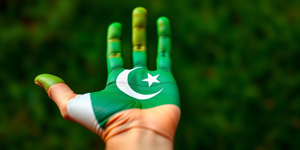 Create an image of a hand painted in the colors of the Pakistani flag with a green background, using a Canon EOS R5 with a 50mm lens, aperture set to f/1.8, ISO 100, and a shallow depth of field for a soft focus effect.