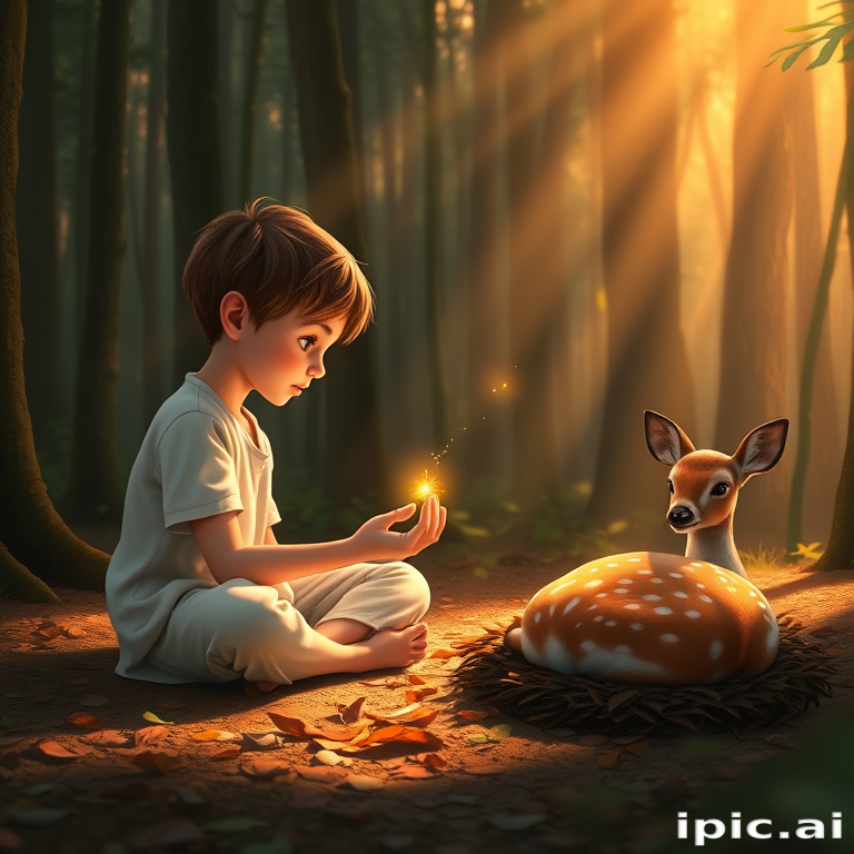 A luminous digital painting of a serene forest scene featuring a barefoot young boy, about 7 years old, with brown hair and fair skin, dressed in a simple white outfit. He sits cross-legged on the forest floor, gazing at a small, glowing, magical firefly in his hand. Beside him, a delicate spotted deer lies calmly on a bed of dried leaves, observing the scene. The dense forest is bathed in warm, golden light filtering through the trees, creating a peaceful, magical atmosphere with a blend of natural and mystical elements.