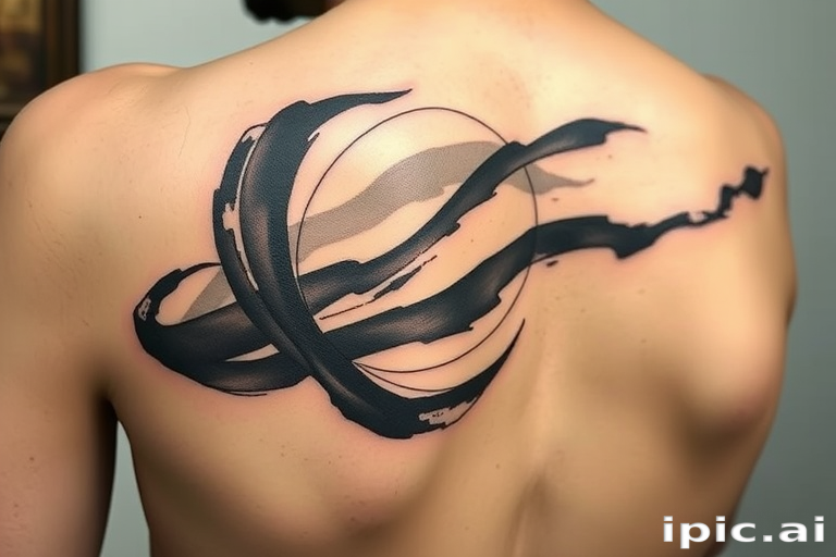 Brush stroke tattoo called "Zen Calligraphy" featuring fluid, expressive lines resembling traditional Japanese sumi-e paintings, with varying ink densities and organic shapes creating a sense of movement and balance