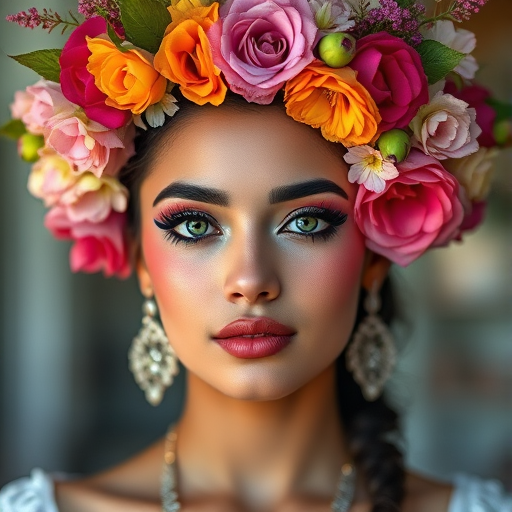 portrait of a young woman with an elaborate floral headdress and vibrant makeup, shot in high resolution using a Canon EOS R5, 50mm lens, f/1.8, ISO 100, natural light, shallow depth of field, soft bokeh background