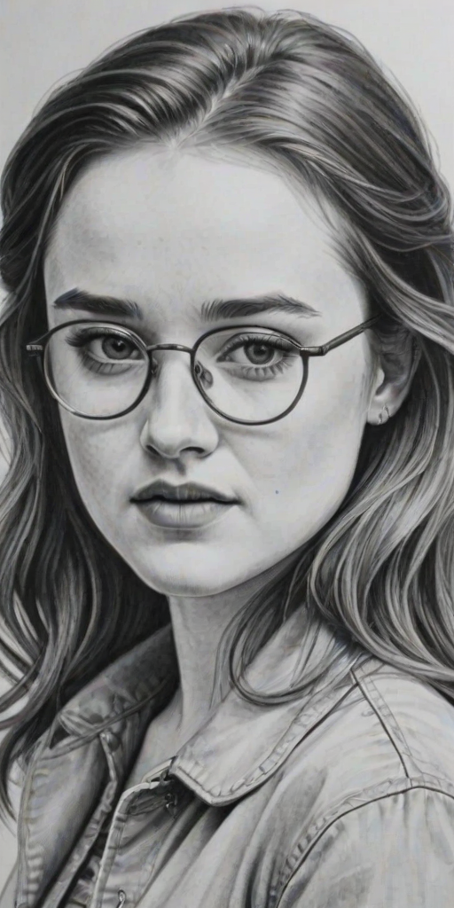 Wonderful Kaitlyn Dever, pencil sketch, portrait of Fascinating woman 1945s in glasses, hair style beatnik, outline, clear lines, fine lines, 8k