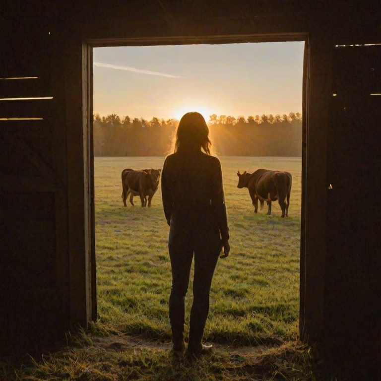 Sunset on a rural farm, the silhouette of a woman standing in a barn doorway, the golden light streaming in as she looks out over a field of grazing cows.