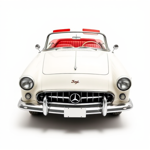 generate a high-quality vector illustration of a classic 1953 white convertible car with red interior, front view, 50mm lens, f/8 aperture, natural lighting, studio backdrop, digital illustration style