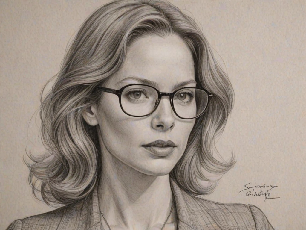 Resplendent Sienna Guillory, pencil sketch, portrait of Bewitching woman 1943s in glasses, hair style beatnik, outline, clear lines, fine lines, 8k