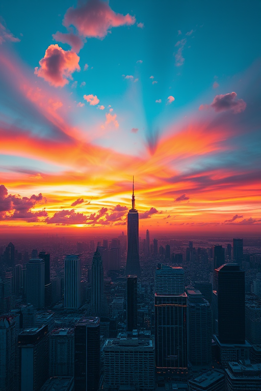 Create a high-resolution image of a futuristic cityscape at sunset with vibrant colors and dramatic clouds, captured with a Canon EOS R5 at f/8, ISO 100, 24mm focal length, using a wide-angle lens for an immersive perspective and enhanced depth of field.