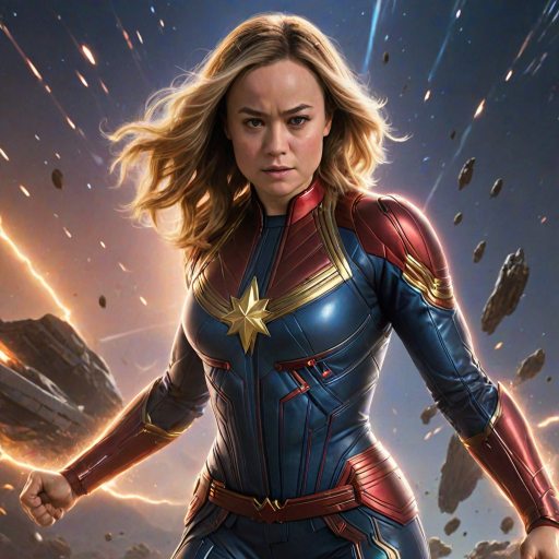 Powerful image of Brie Larson, Captain Marvel's cosmic hero, with her determined expression and glowing fists, soaring through a star-filled galaxy, leaving a trail of energy in her wake as she battles alien spaceships