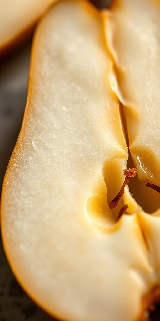 Create a high-resolution image of a sliced pear with distinct layers, use a macro lens at f/2.8 for a shallow depth of field, camera view from a slight low angle, and set the ISO to 100 for optimal clarity and detail.