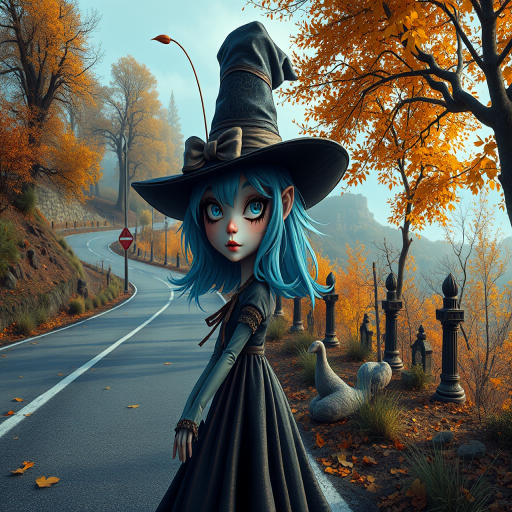digital art fantasy depicting a strange girl with cyan hair, long eyelashes, white lipstick and a tall hat walking along a winding road on an autumn afternoon, an Cockroach smiles as she passes