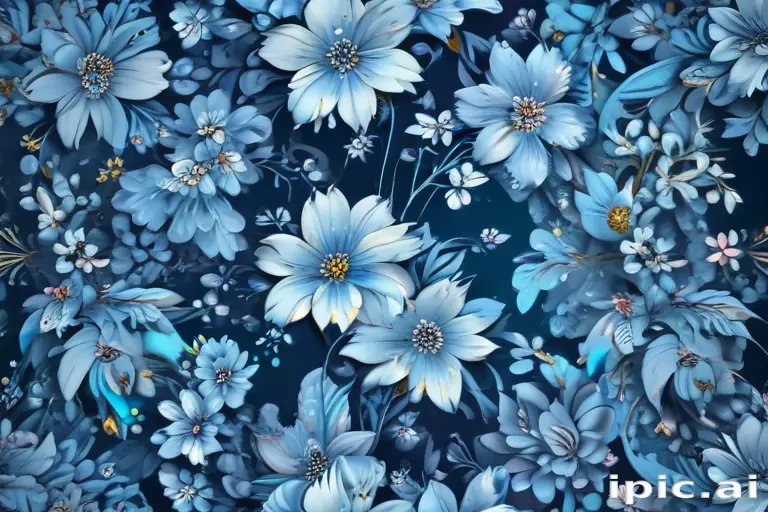 Vibrant Blue Floral Pattern with Diverse Blossoms on a Dark Background