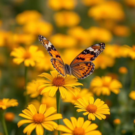 Generate an image of a butterfly perched on a vibrant yellow flower, surrounded by a field of similar bright flowers. The butterfly should have intricate patterns on its wings, showcasing a mix of orange, black, and white colors. The background should be softly blurred to emphasize the butterfly and the flowers in the foreground.