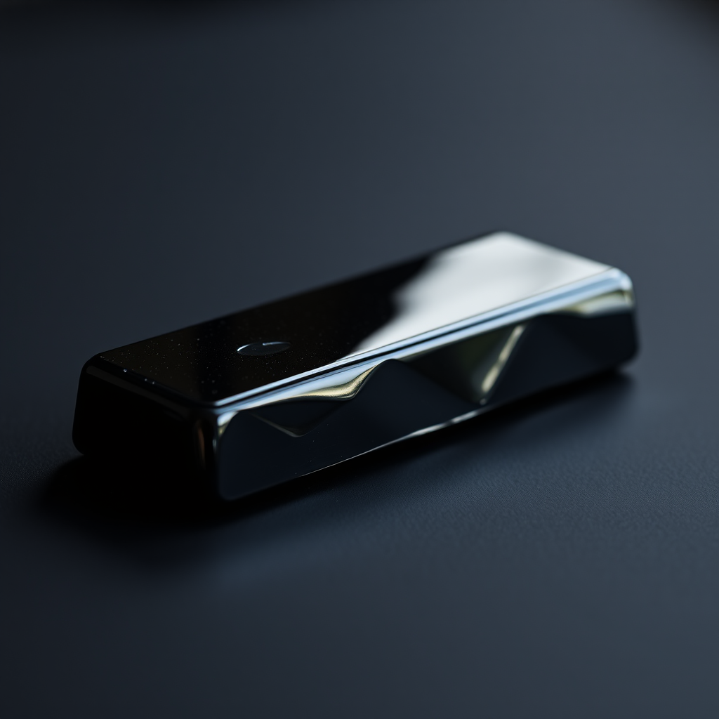 Create a high-resolution image of a shiny, reflective black bar object placed on a dark background, shot with a DSLR camera at f/2.8, 1/60 sec, ISO 100, with a shallow depth of field to emphasize the bar's texture and reflections, using a macro lens for close-up detail and soft natural lighting.