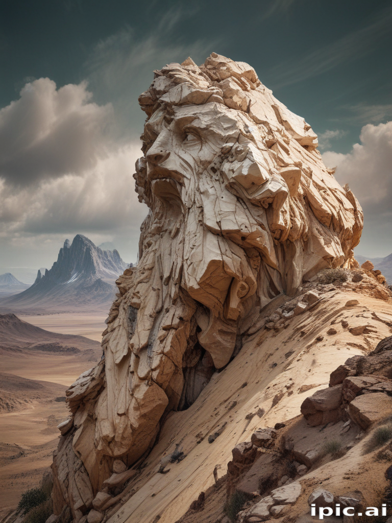Majestic Rock Formation Resembling a Giant Face in a Desert Landscape