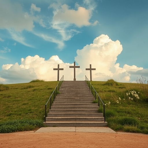 Create a serene landscape featuring a stairway leading to three crosses in a heavenly cloud-filled sky, shot with a Canon EOS R5 at f/8 aperture, ISO 100, 24mm focal length, in soft natural lighting with a slightly elevated perspective and rich color saturation for enhanced details.