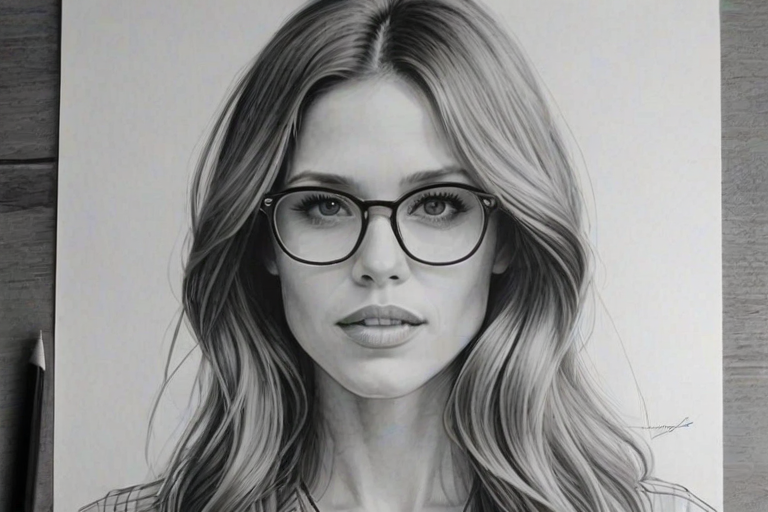 Gorgeous Kayla Ewell, pencil sketch, portrait of Wonderful woman 1973s in glasses, hair style beatnik, outline, clear lines, fine lines, 8k