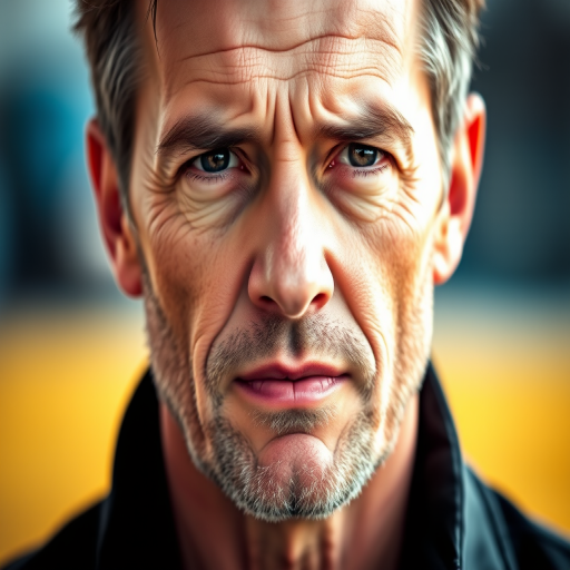 Create a high-contrast portrait of a thoughtful man with a strong expression, use a DSLR camera with a 50mm lens, aperture set to f/1.8 for a shallow depth of field, ISO 100 for clarity, shot in natural light, with a focus on capturing intricate facial details and textures.