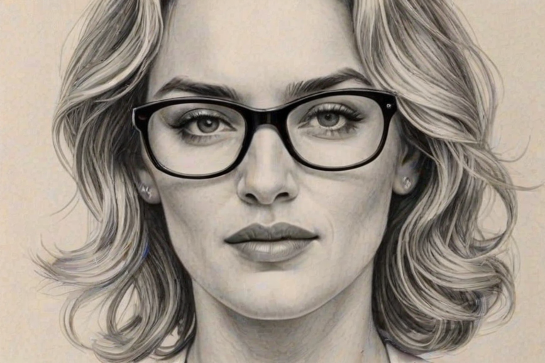 Gorgeous Kate Winslet, pencil sketch, portrait of Gorgeous woman 1968s in glasses, hair style beatnik, outline, clear lines, fine lines, 8k
