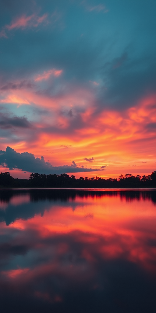 Generate a high-resolution image of a serene sunset over a calm lake with vibrant colors in the sky and reflections on the water, captured with a Canon EOS R5, 50mm lens, f/1.8 aperture, ISO 100, at sunset, using a wide-angle view for depth.