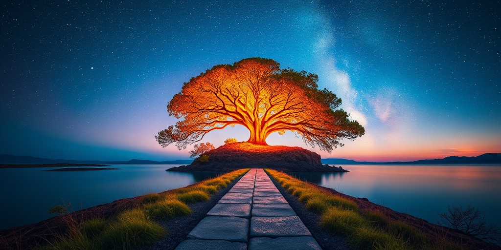 Create a vibrant, ethereal landscape featuring a massive, glowing tree on a serene island, with a pathway leading toward it under a starry sky, captured with a Canon EOS R5, 24mm lens, f/1.8, ISO 100, long exposure for enhanced light trails and colors.
