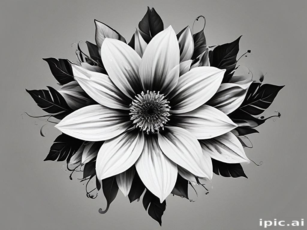 Elegant Black and White Floral Design with Intricate Leaf Details